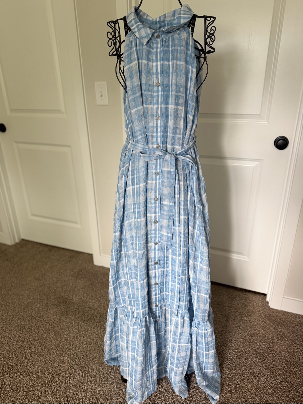 Anthropologie Light Blue Plaid Sleeveless Button-Front Maxi Dress - Picture 3 of 5
